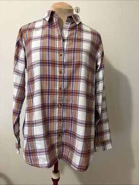 Jachs Girlfriend Tan Plaid pattern size Small Shirt Made in Bangladesh 2 pockets